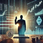 A symbolic representation of financial markets influenced by political events, featuring stock market graphs, cryptocurrency symbols, and a silhouette of a political figure taking an oath. The image emphasizes the connection between political changes and market dynamics
