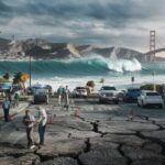 scene of a California earthquake and tsunami with a cracked road, people evacuating, and a massive wave approaching the San Francisco coastline near the Golden Gate Bridge under a cloudy sky
